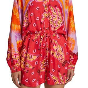 Tiki Bananas Scarf-sleeve Romper In Red Tiki Bananas + Tie Dye Cashew — MEDIUM